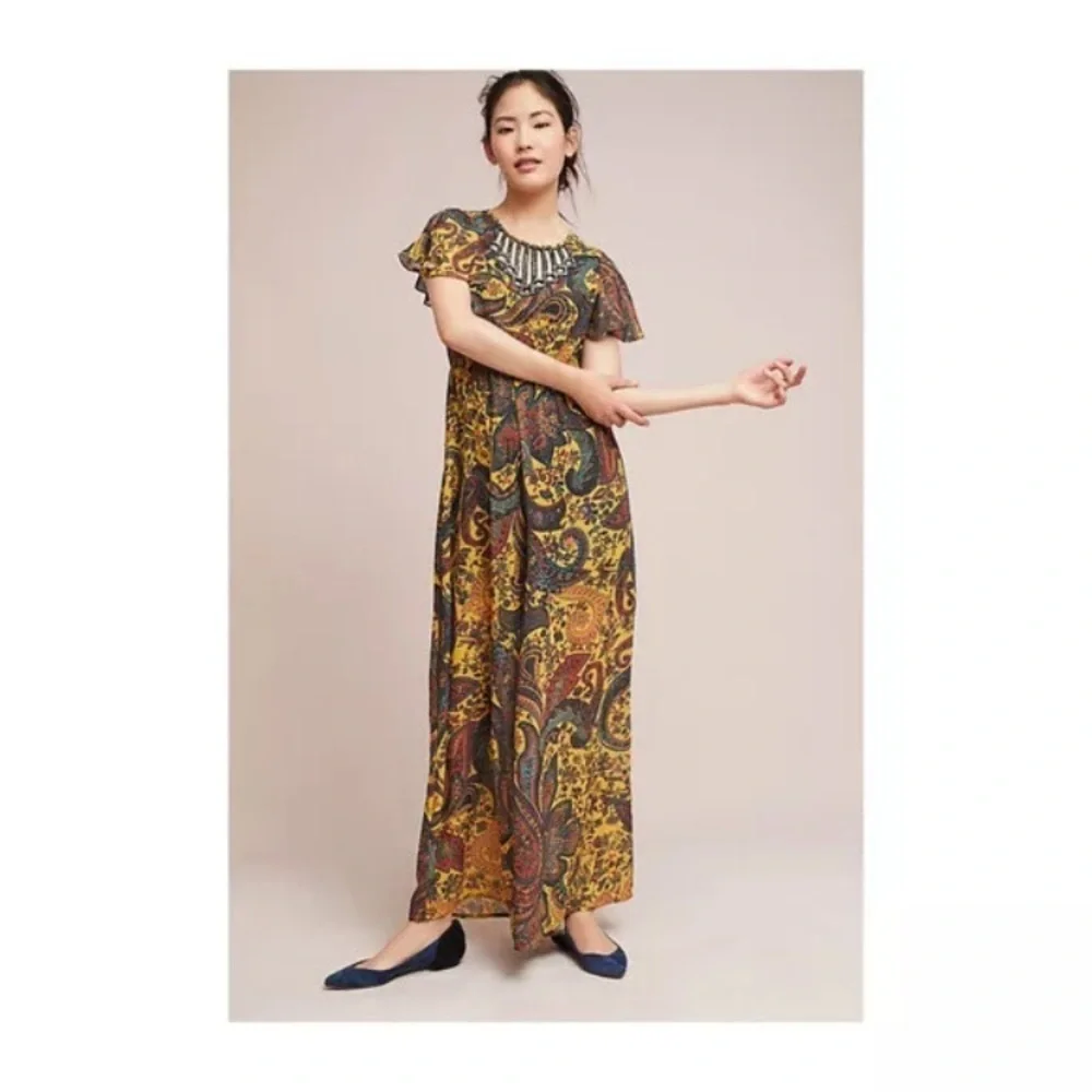 Anthropologie Ranna Gill Yellow Georgie Embroidered Paisley Jumpsuit NWT size 6 - Picture 1 of 15